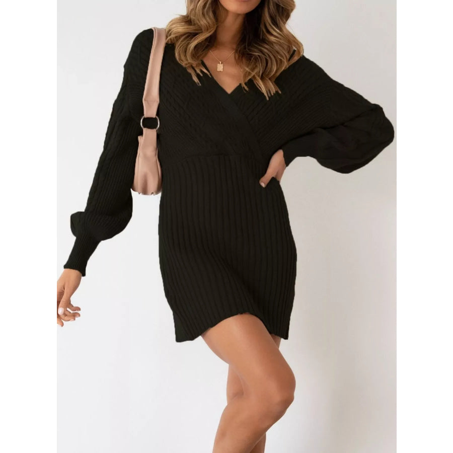 Full Size V-Neck Lantern Sleeve Sweater Dress Plus Apparel and Accessories