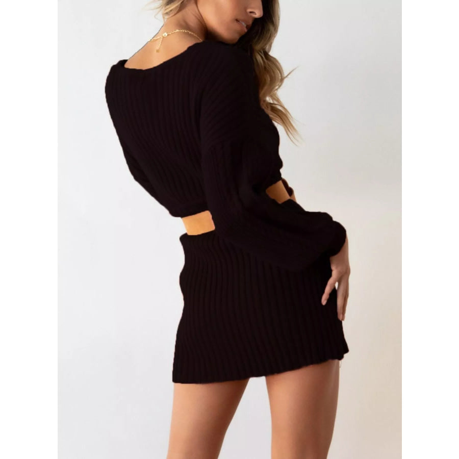 Full Size V-Neck Lantern Sleeve Sweater Dress Plus Apparel and Accessories
