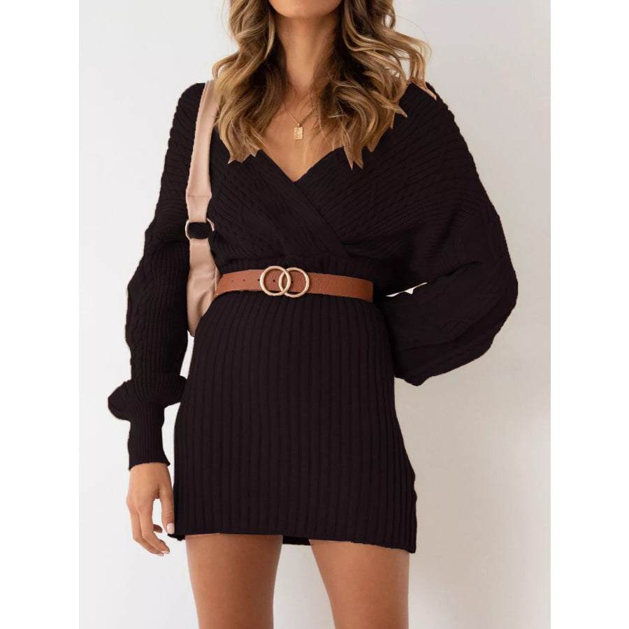Full Size V-Neck Lantern Sleeve Sweater Dress Plus Black / S Apparel and Accessories