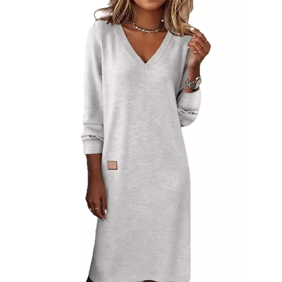 Full Size V-Neck Long Sleeve Midi Dress Plus Apparel and Accessories