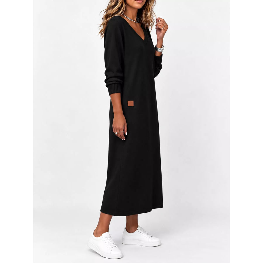 Full Size V-Neck Long Sleeve Midi Dress Plus Apparel and Accessories