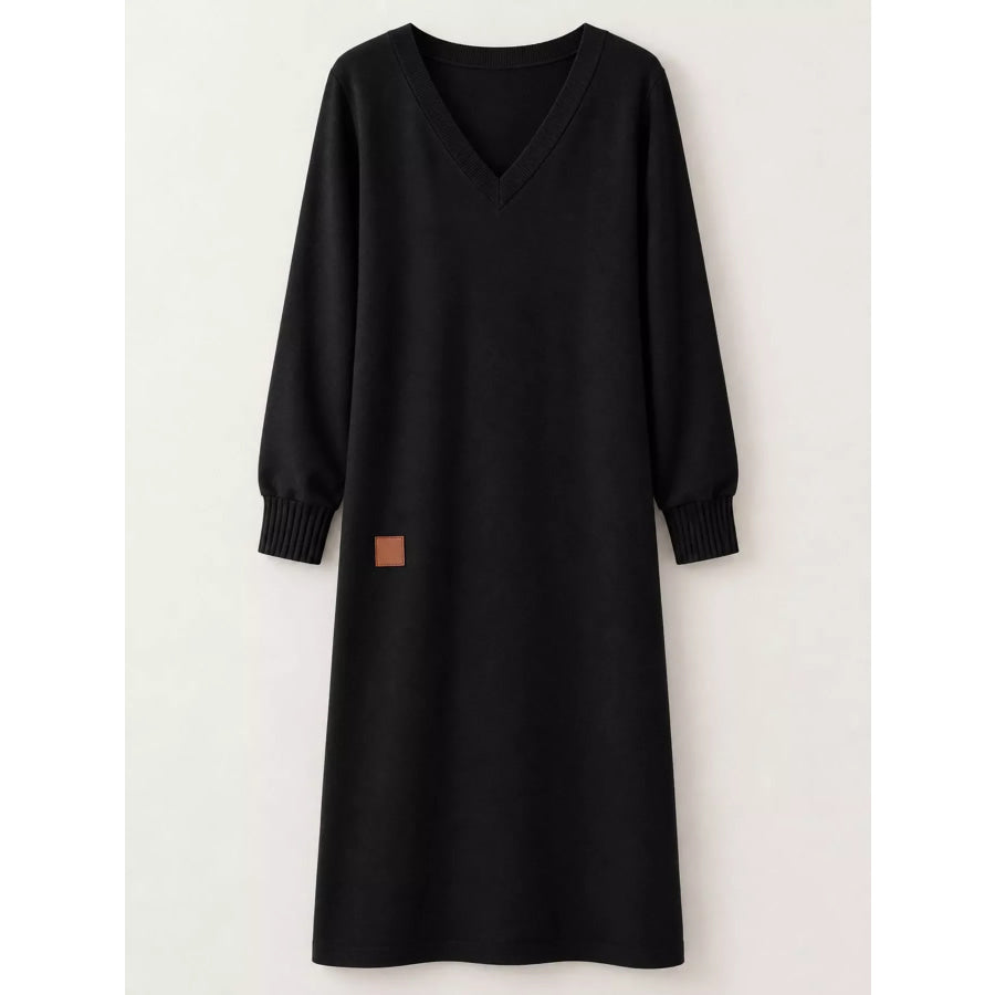 Full Size V-Neck Long Sleeve Midi Dress Plus Apparel and Accessories