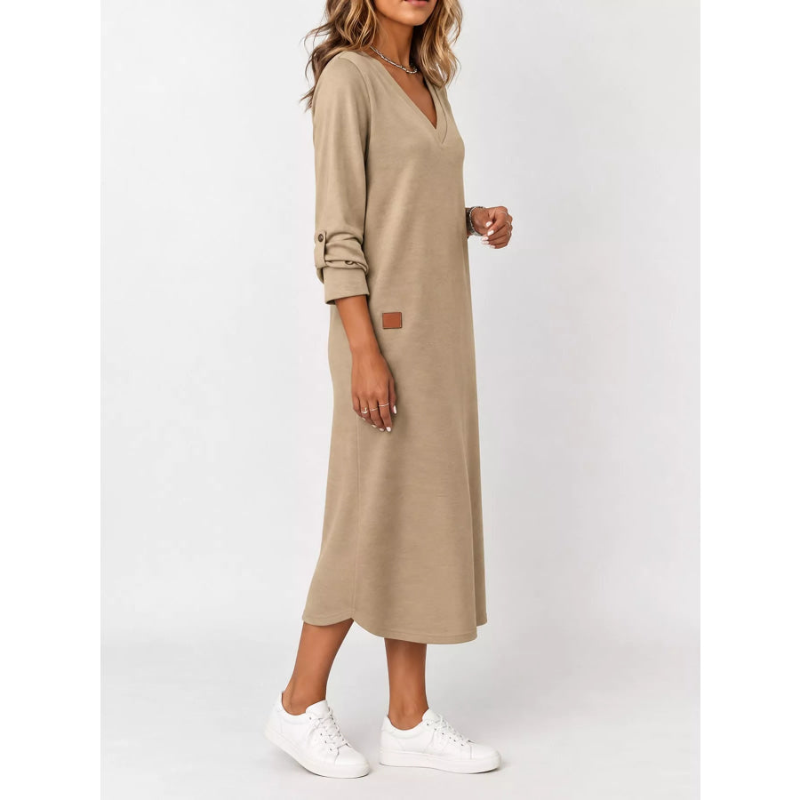 Full Size V-Neck Long Sleeve Midi Dress Plus Apparel and Accessories