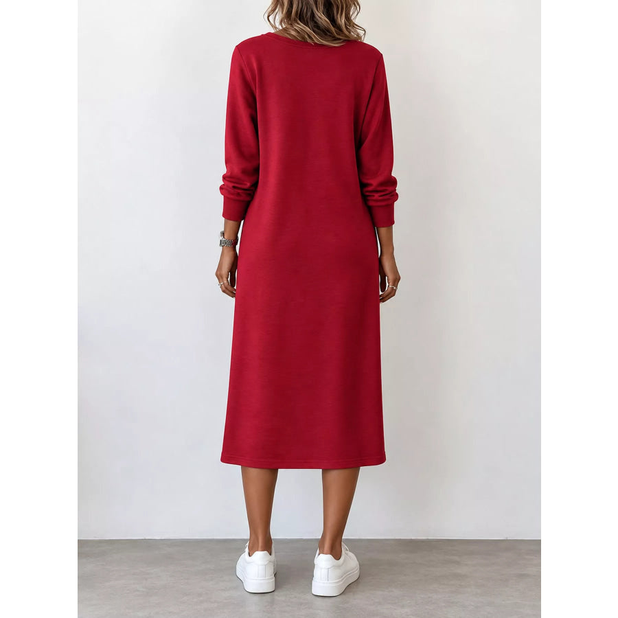 Full Size V-Neck Long Sleeve Midi Dress Plus Apparel and Accessories