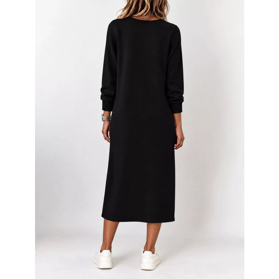 Full Size V-Neck Long Sleeve Midi Dress Plus Apparel and Accessories