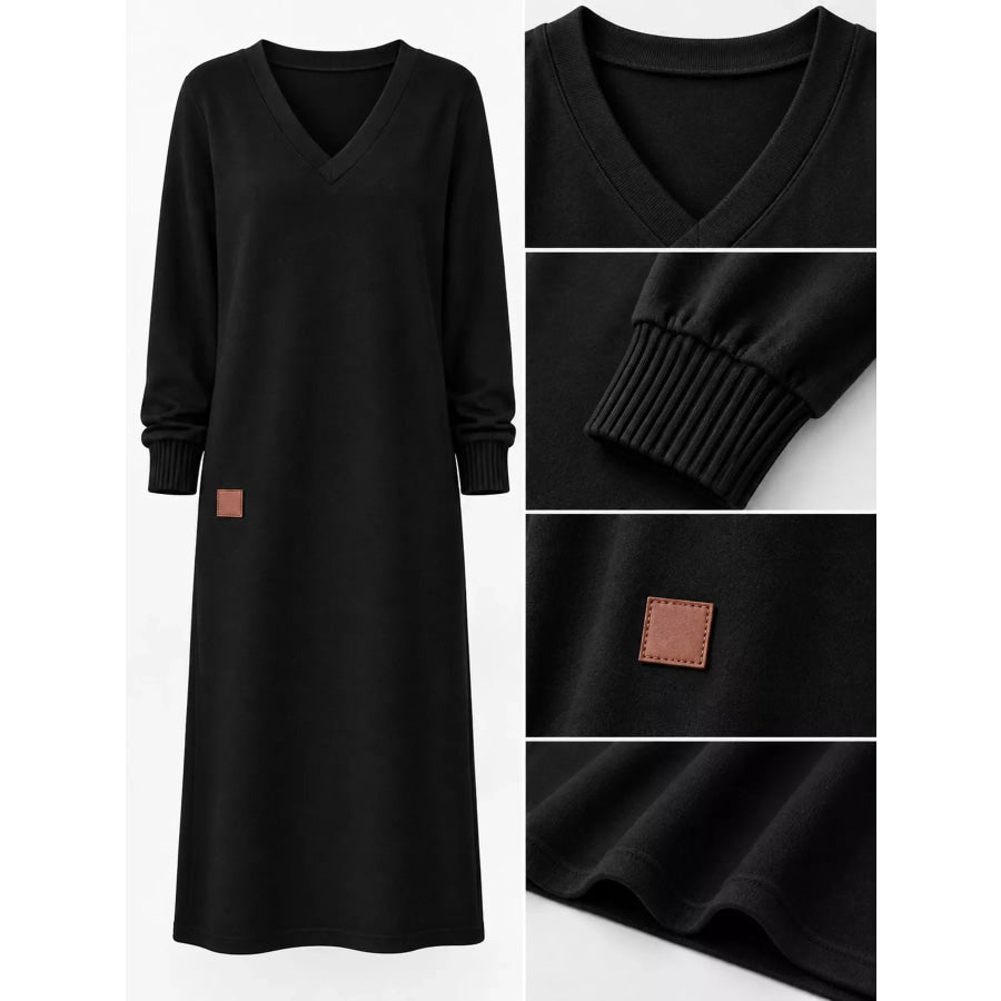 Full Size V-Neck Long Sleeve Midi Dress Plus Apparel and Accessories