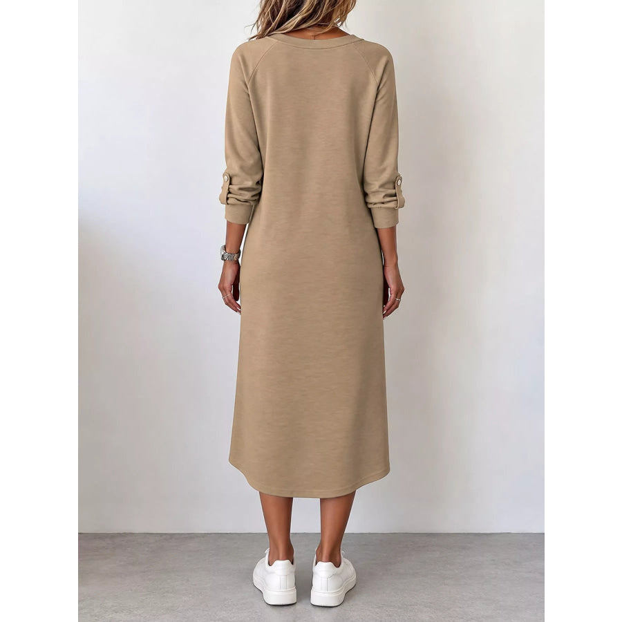 Full Size V-Neck Long Sleeve Midi Dress Plus Apparel and Accessories