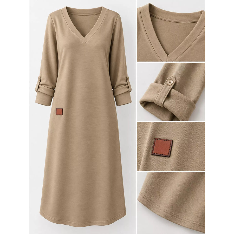 Full Size V-Neck Long Sleeve Midi Dress Plus Apparel and Accessories