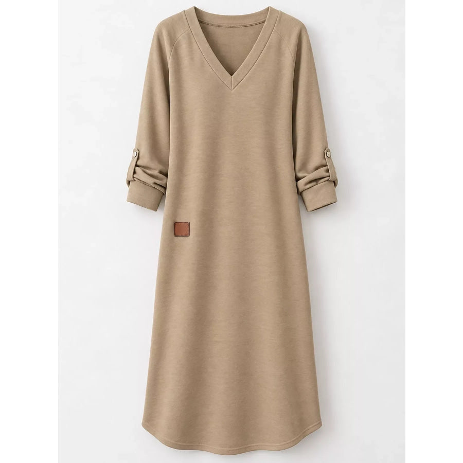 Full Size V-Neck Long Sleeve Midi Dress Plus Apparel and Accessories