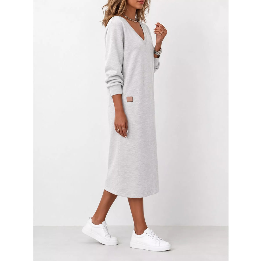 Full Size V-Neck Long Sleeve Midi Dress Plus Apparel and Accessories