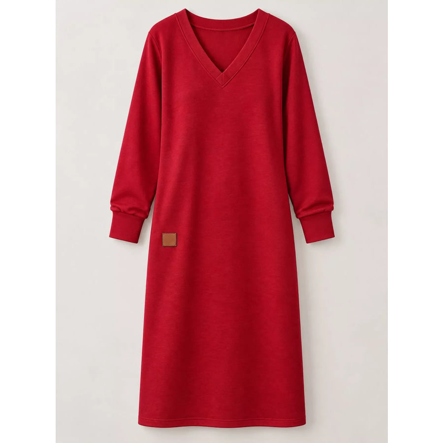 Full Size V-Neck Long Sleeve Midi Dress Plus Apparel and Accessories
