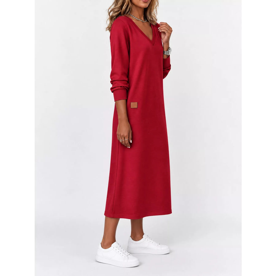 Full Size V-Neck Long Sleeve Midi Dress Plus Apparel and Accessories