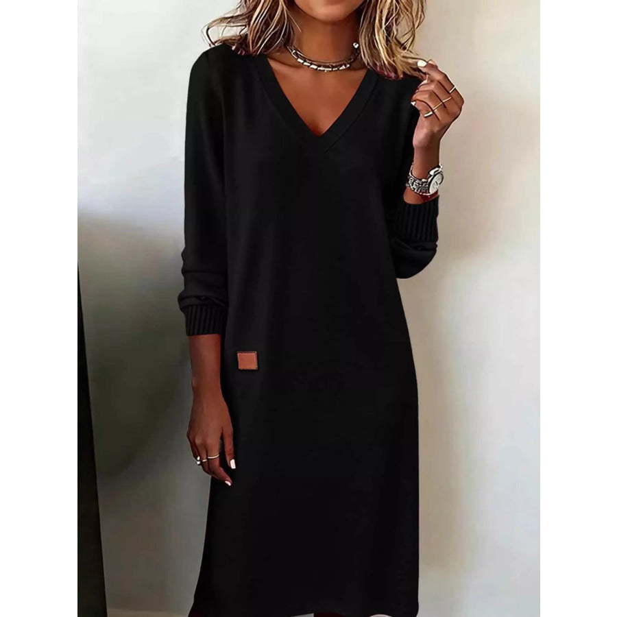 Full Size V-Neck Long Sleeve Midi Dress Plus Black / S Apparel and Accessories
