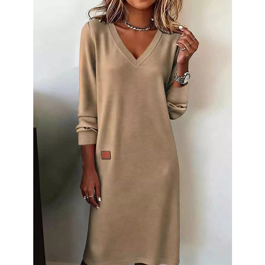 Full Size V-Neck Long Sleeve Midi Dress Plus Khaki / S Apparel and Accessories