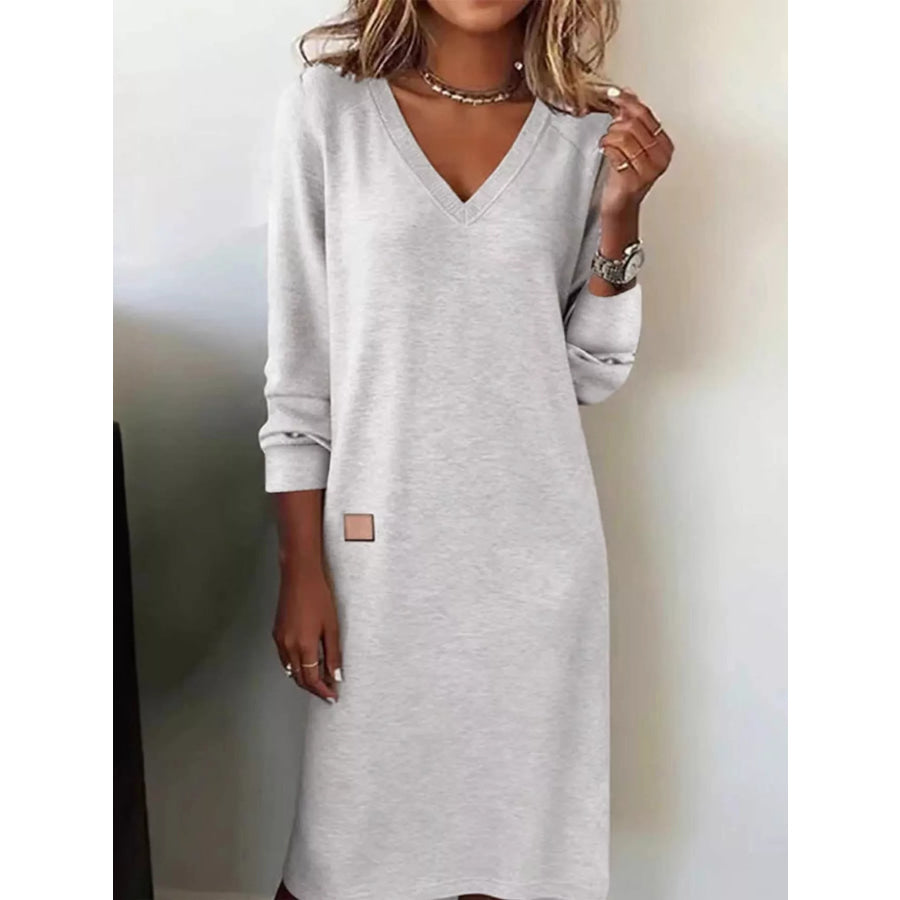 Full Size V-Neck Long Sleeve Midi Dress Plus Light Gray / S Apparel and Accessories