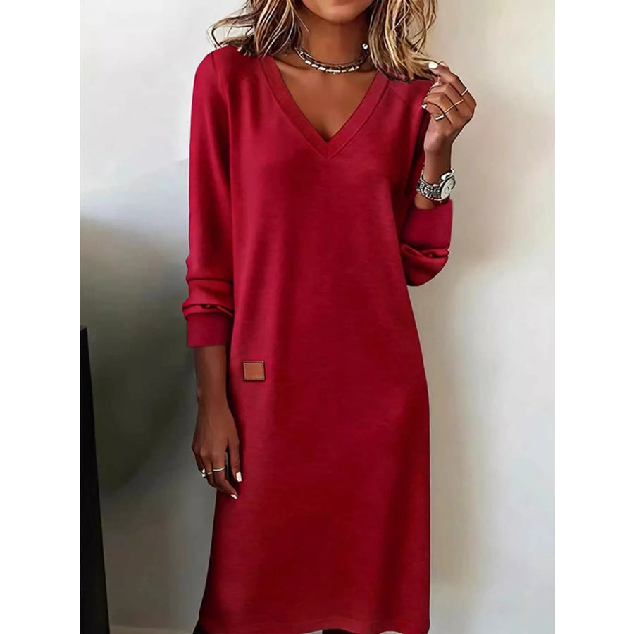 Full Size V-Neck Long Sleeve Midi Dress Plus Red / S Apparel and Accessories