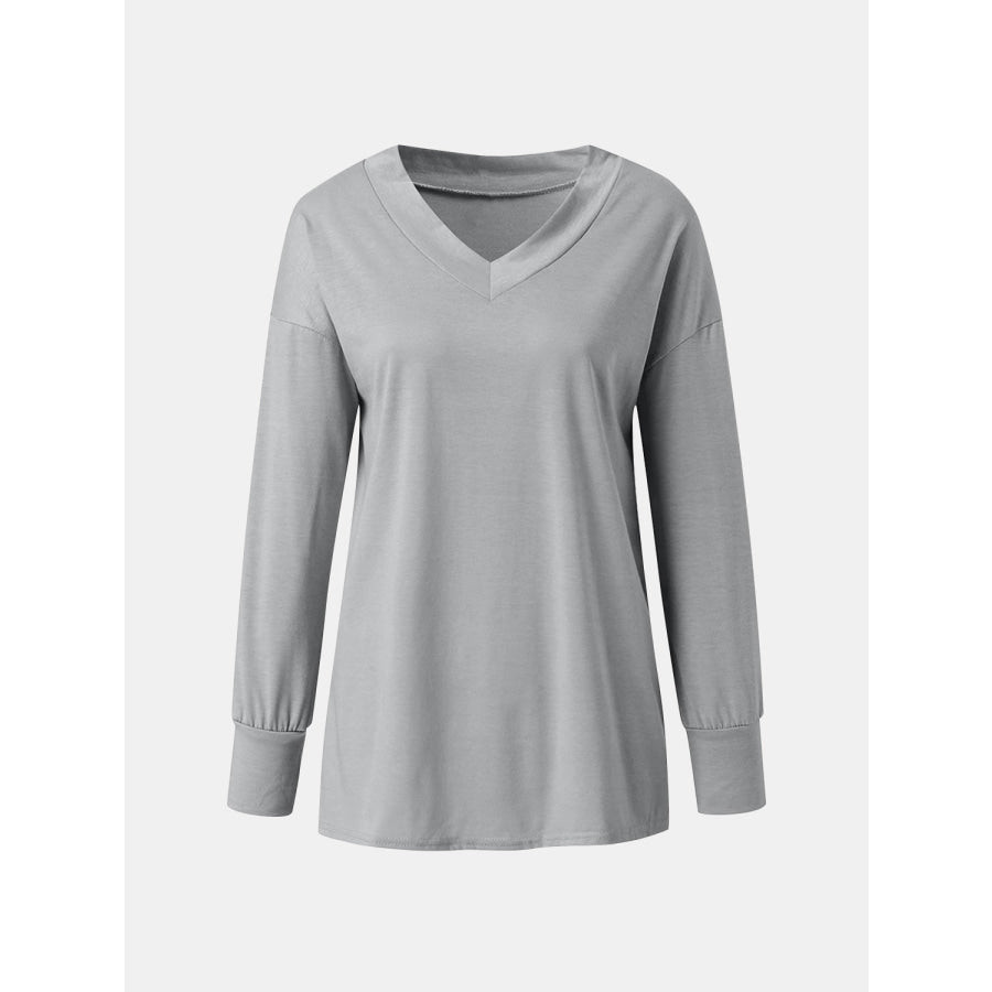 Full Size V-Neck Long Sleeve T-Shirt Gray / S Apparel and Accessories