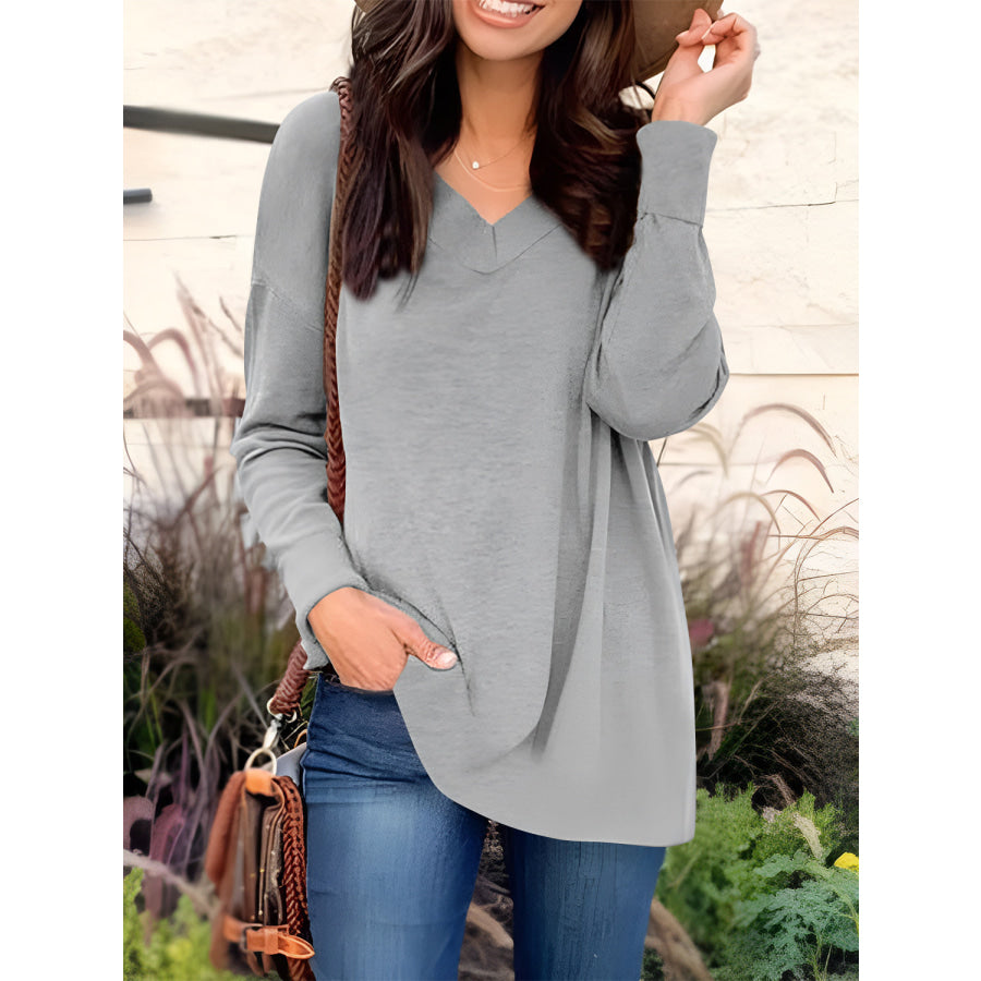 Full Size V-Neck Long Sleeve T-Shirt Gray / S Apparel and Accessories