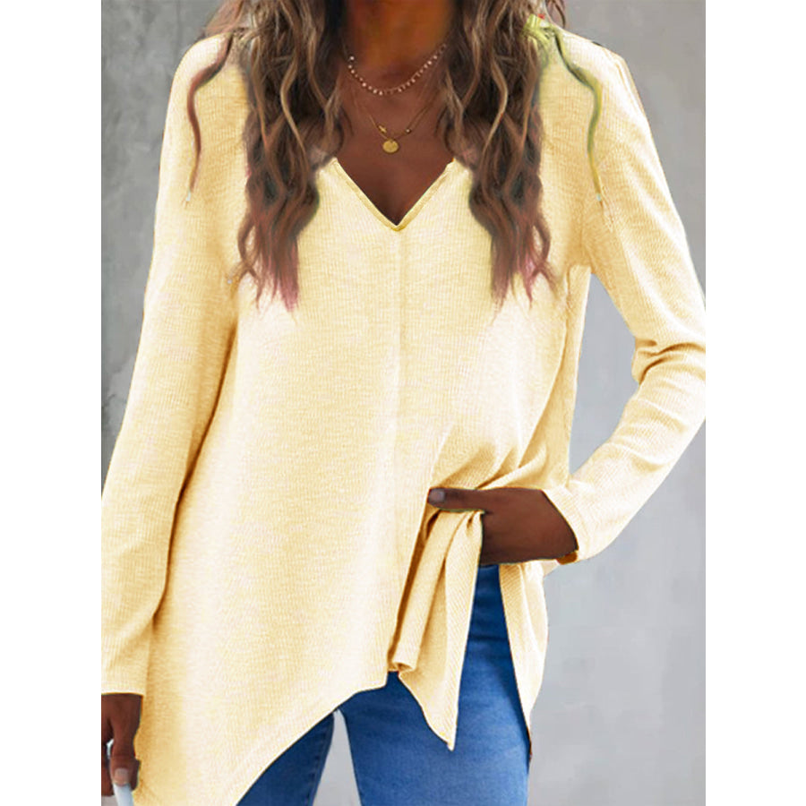 Full Size V-Neck Long Sleeve T-Shirt Light Yellow / S Apparel and Accessories