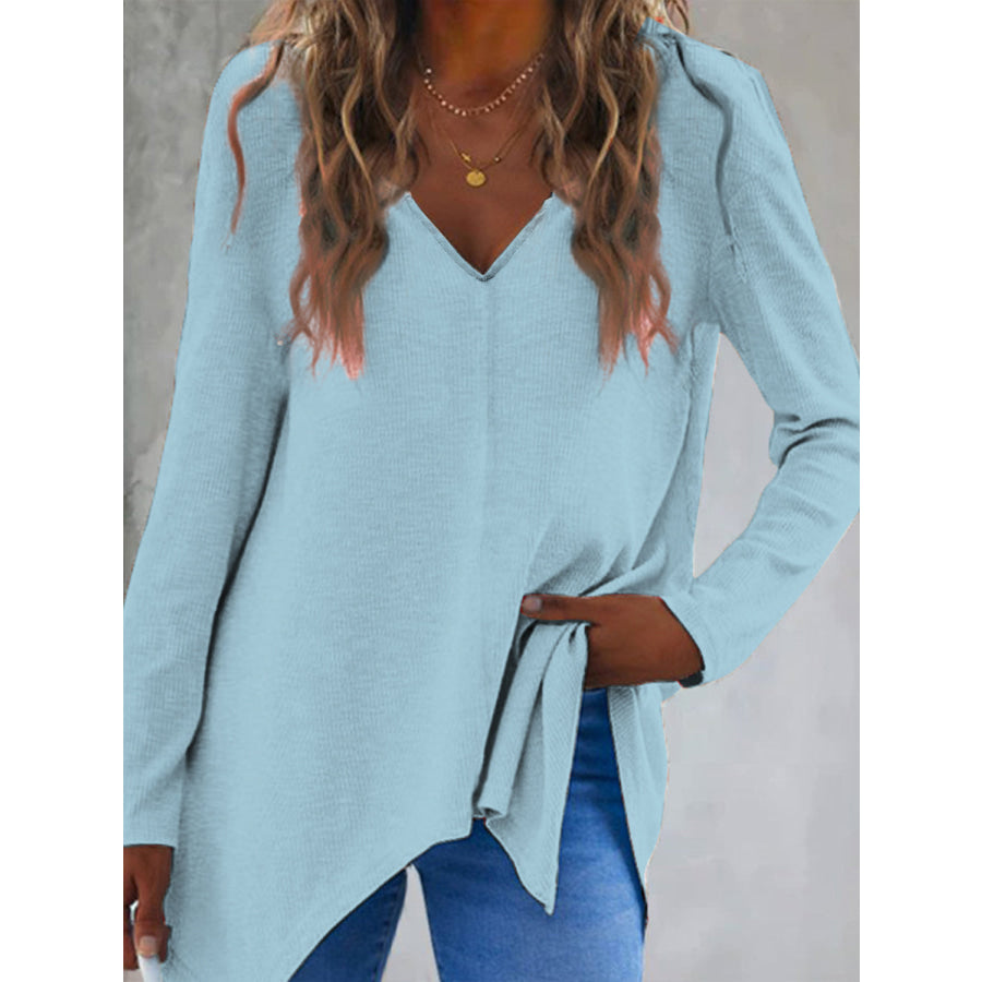 Full Size V-Neck Long Sleeve T-Shirt Pastel Blue / S Apparel and Accessories