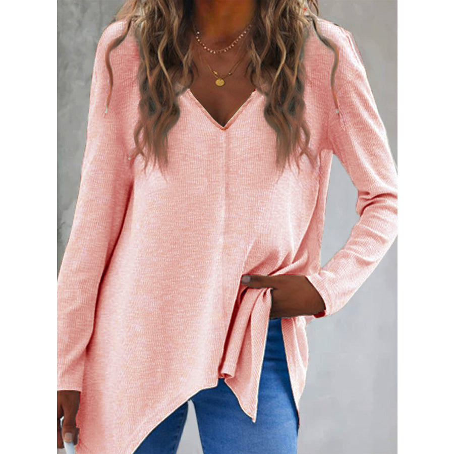 Full Size V-Neck Long Sleeve T-Shirt Watermelon pink / S Apparel and Accessories