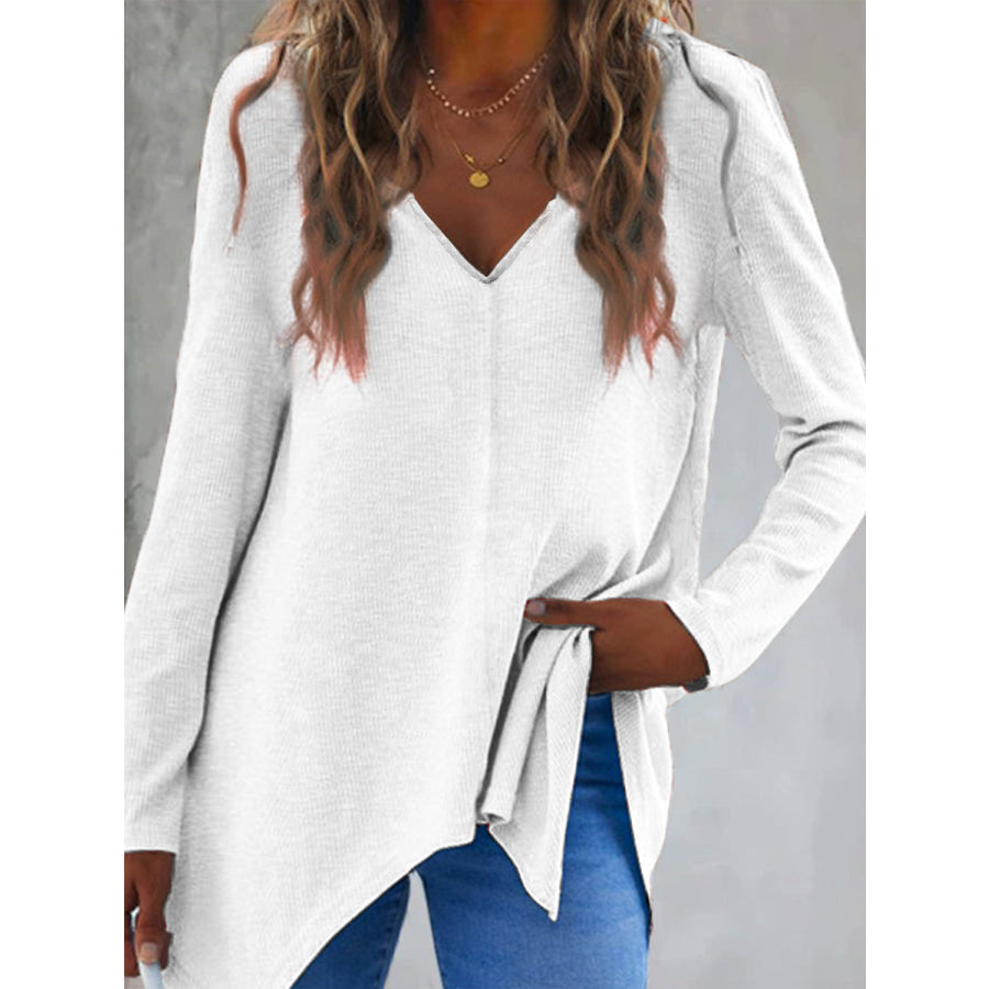 Full Size V-Neck Long Sleeve T-Shirt White / S Apparel and Accessories