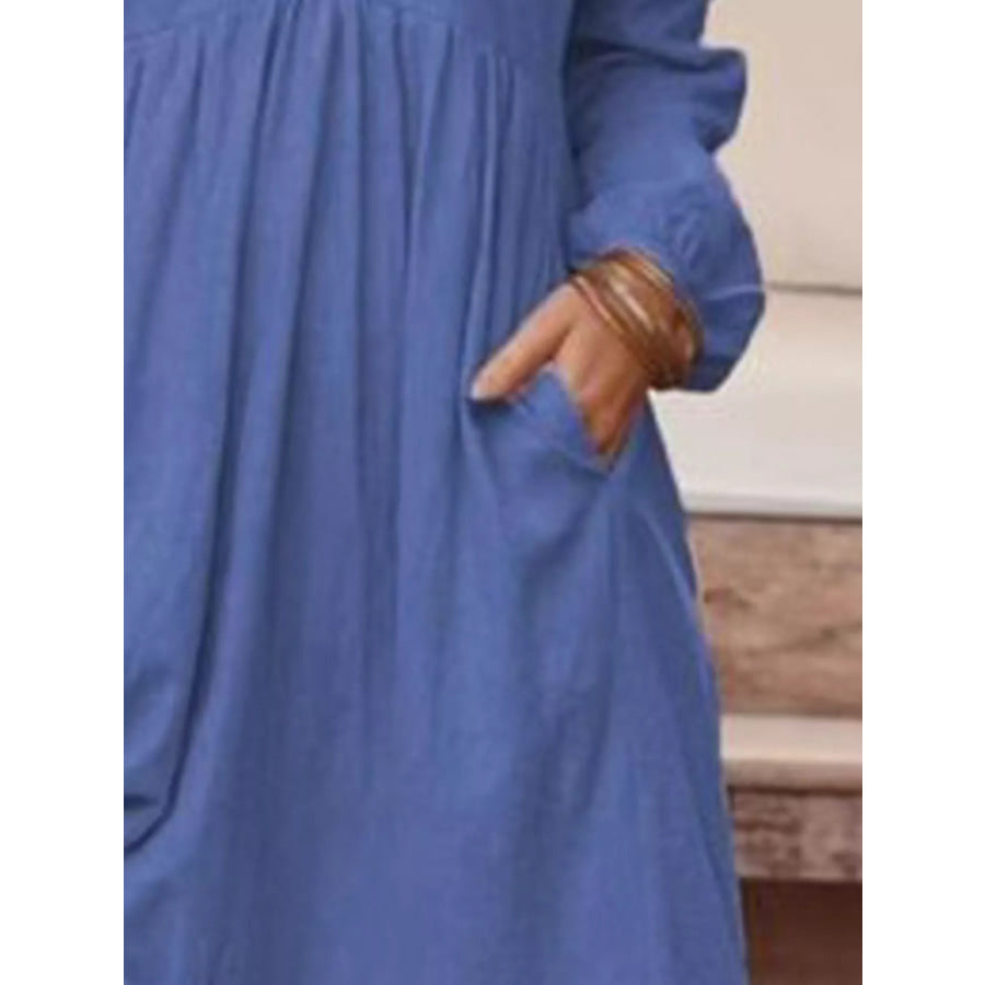 Full Size V-Neck Long Sleeve Tiered Maxi Dress with Pockets Plus Dark Blue / S Apparel and Accessories