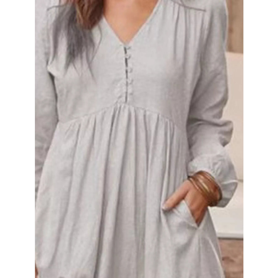 Full Size V-Neck Long Sleeve Tiered Maxi Dress with Pockets Plus Apparel and Accessories