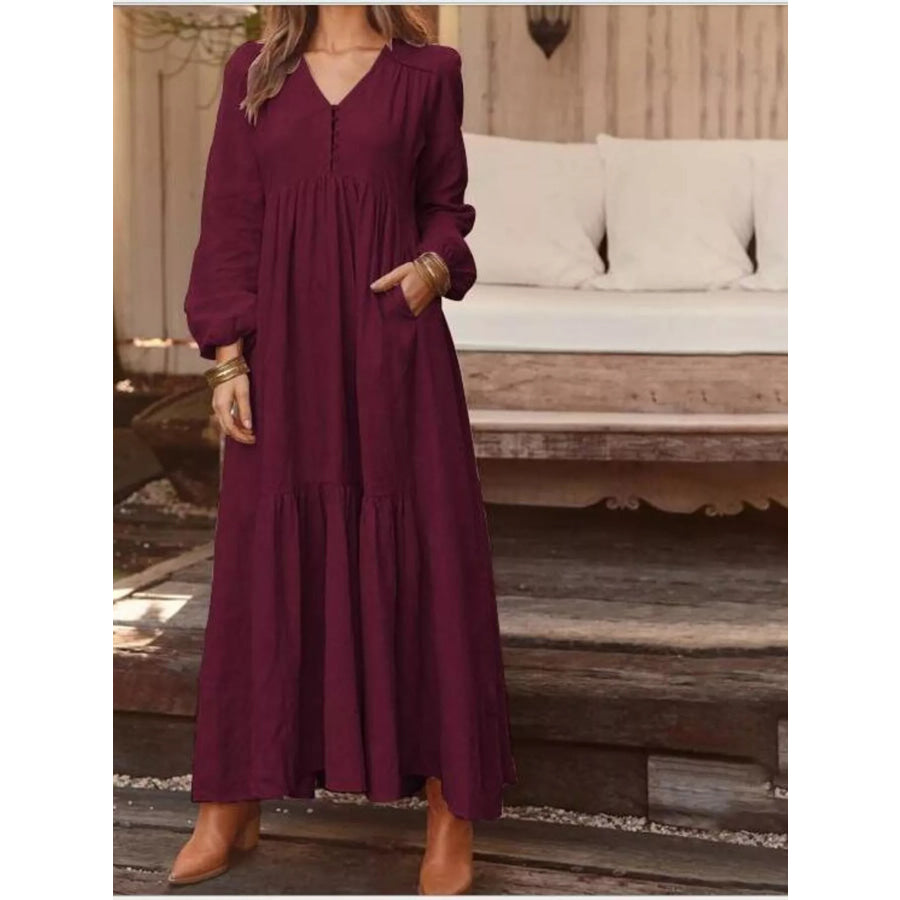 Full Size V-Neck Long Sleeve Tiered Maxi Dress with Pockets Plus Apparel and Accessories