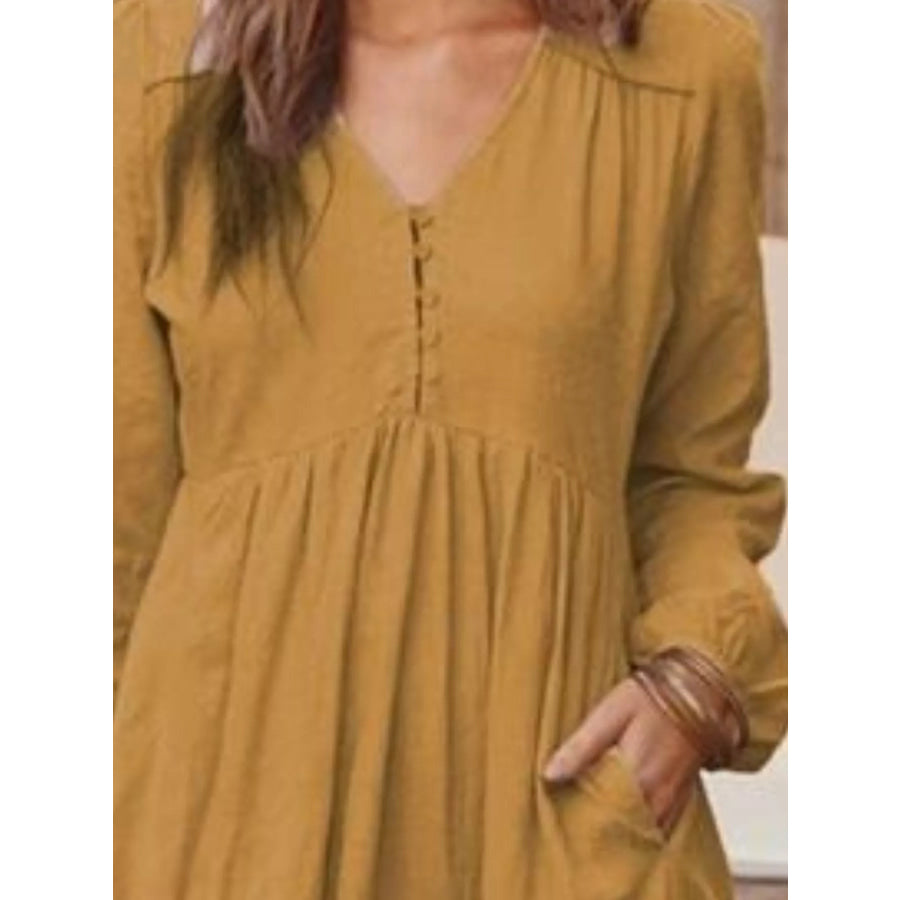 Full Size V-Neck Long Sleeve Tiered Maxi Dress with Pockets Plus Apparel and Accessories