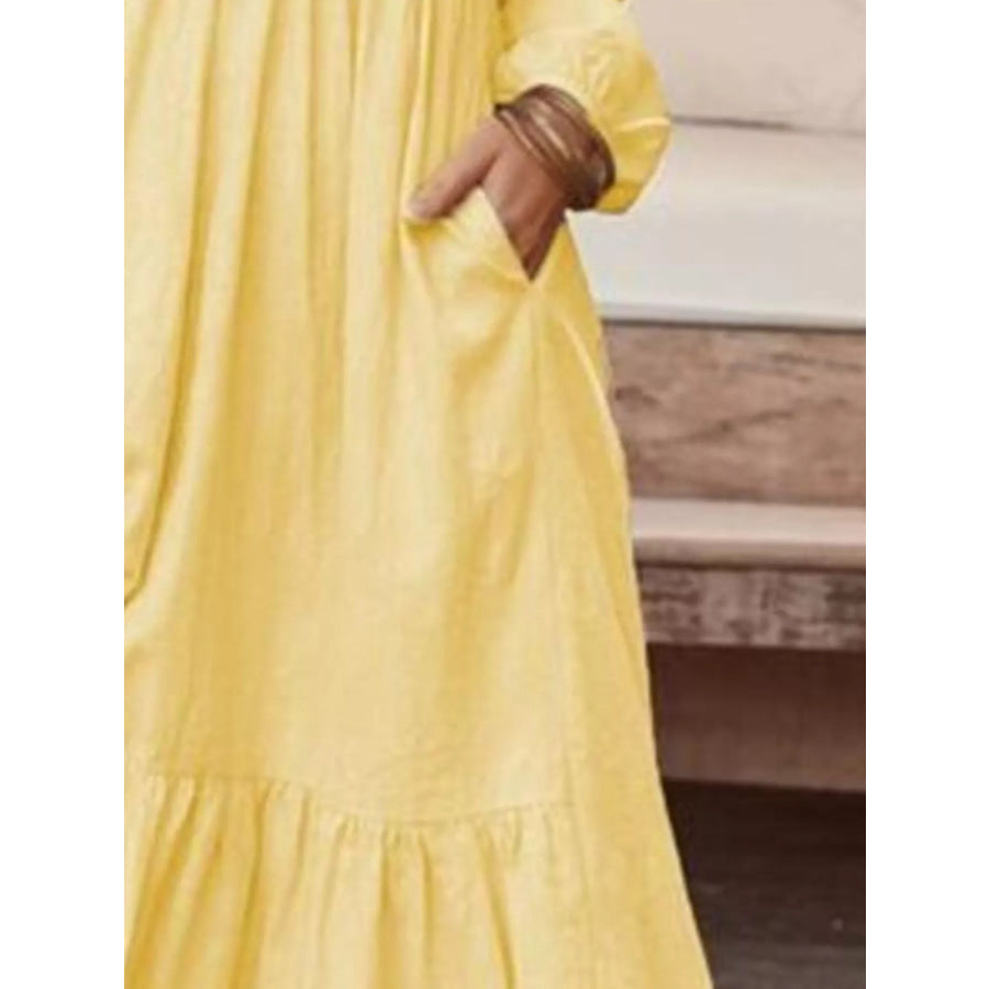 Full Size V-Neck Long Sleeve Tiered Maxi Dress with Pockets Plus Apparel and Accessories