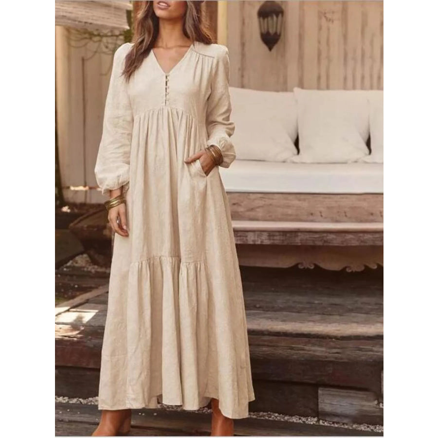 Full Size V-Neck Long Sleeve Tiered Maxi Dress with Pockets Plus Apricot / S Apparel and Accessories