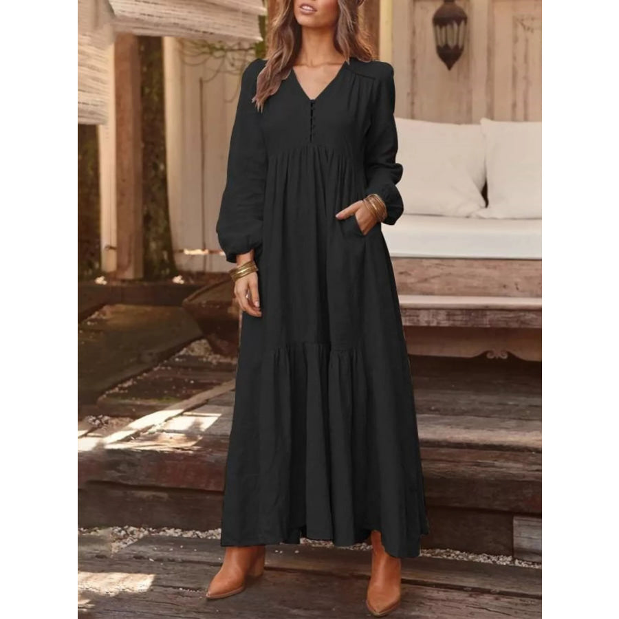 Full Size V-Neck Long Sleeve Tiered Maxi Dress with Pockets Plus Black / S Apparel and Accessories