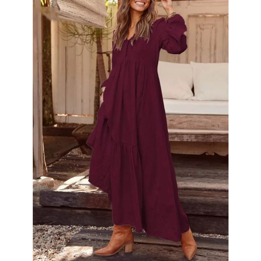 Full Size V-Neck Long Sleeve Tiered Maxi Dress with Pockets Plus Burgundy / S Apparel and Accessories