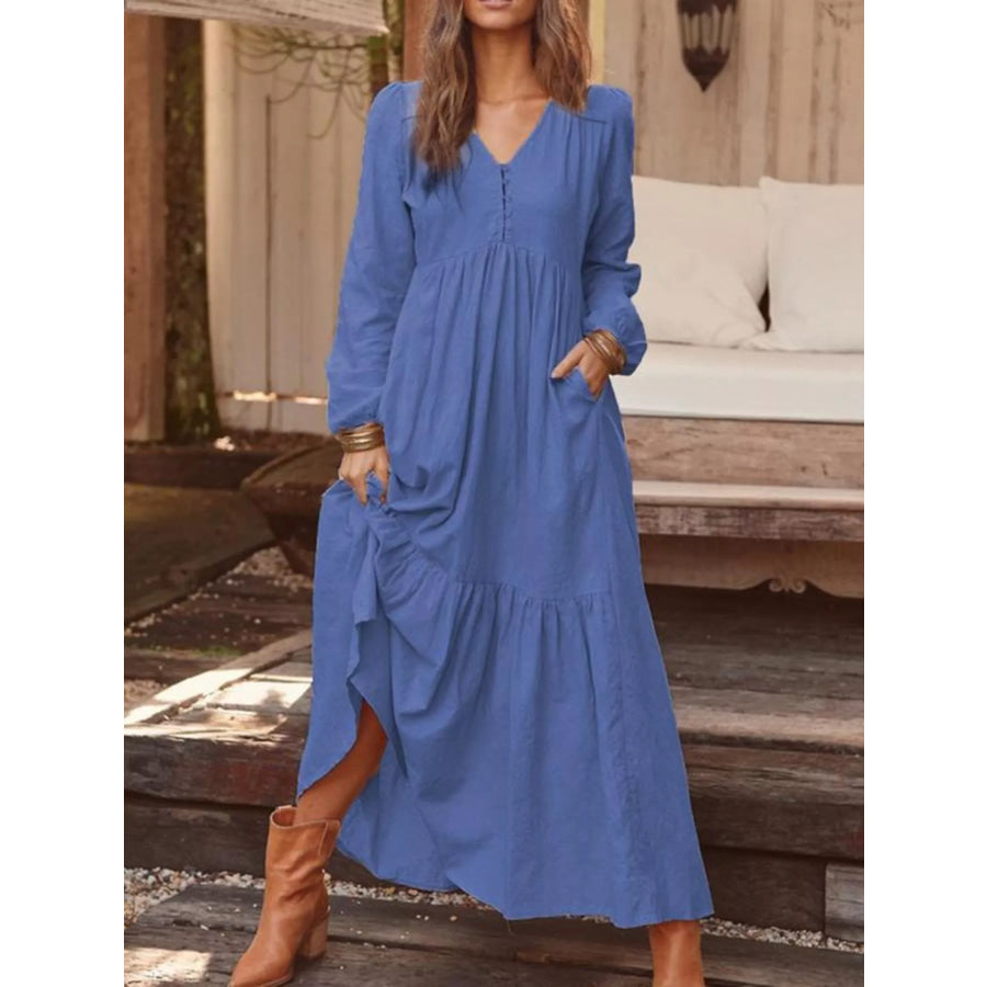 Full Size V-Neck Long Sleeve Tiered Maxi Dress with Pockets Plus Dark Blue / S Apparel and Accessories