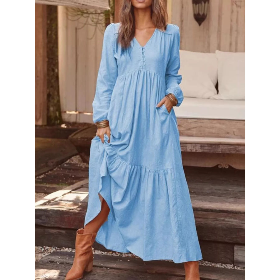 Full Size V-Neck Long Sleeve Tiered Maxi Dress with Pockets Plus Light Blue / S Apparel and Accessories