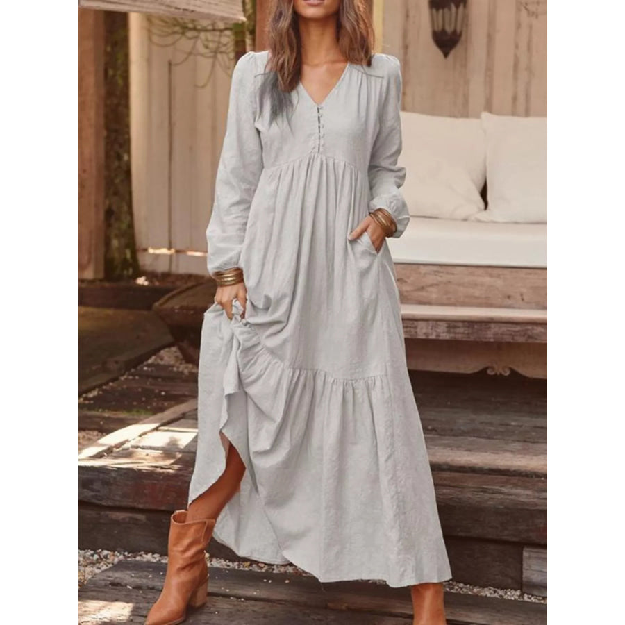 Full Size V-Neck Long Sleeve Tiered Maxi Dress with Pockets Plus Light Gray / S Apparel and Accessories
