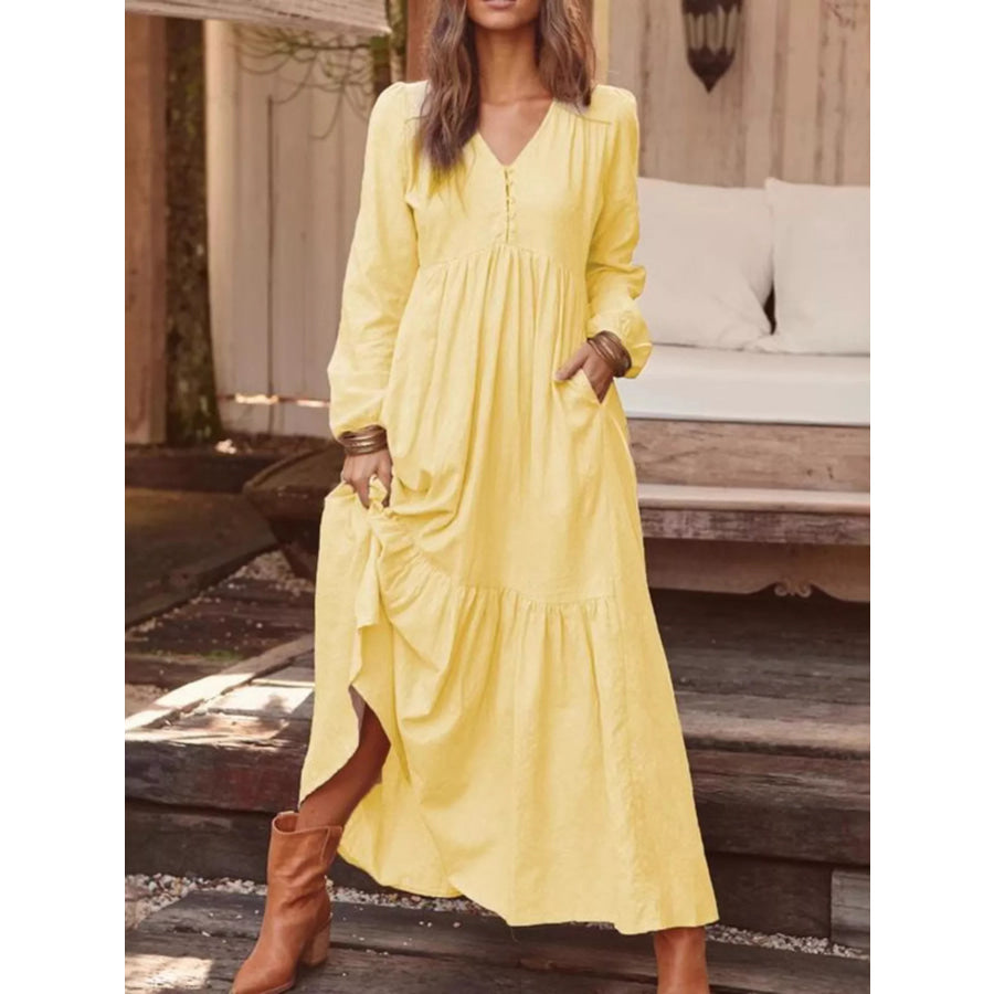 Full Size V-Neck Long Sleeve Tiered Maxi Dress with Pockets Plus Light Yellow / S Apparel and Accessories