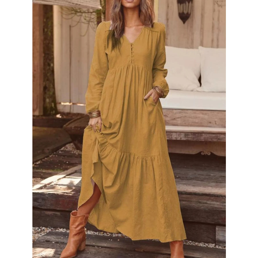 Full Size V-Neck Long Sleeve Tiered Maxi Dress with Pockets Plus Mustard / S Apparel and Accessories