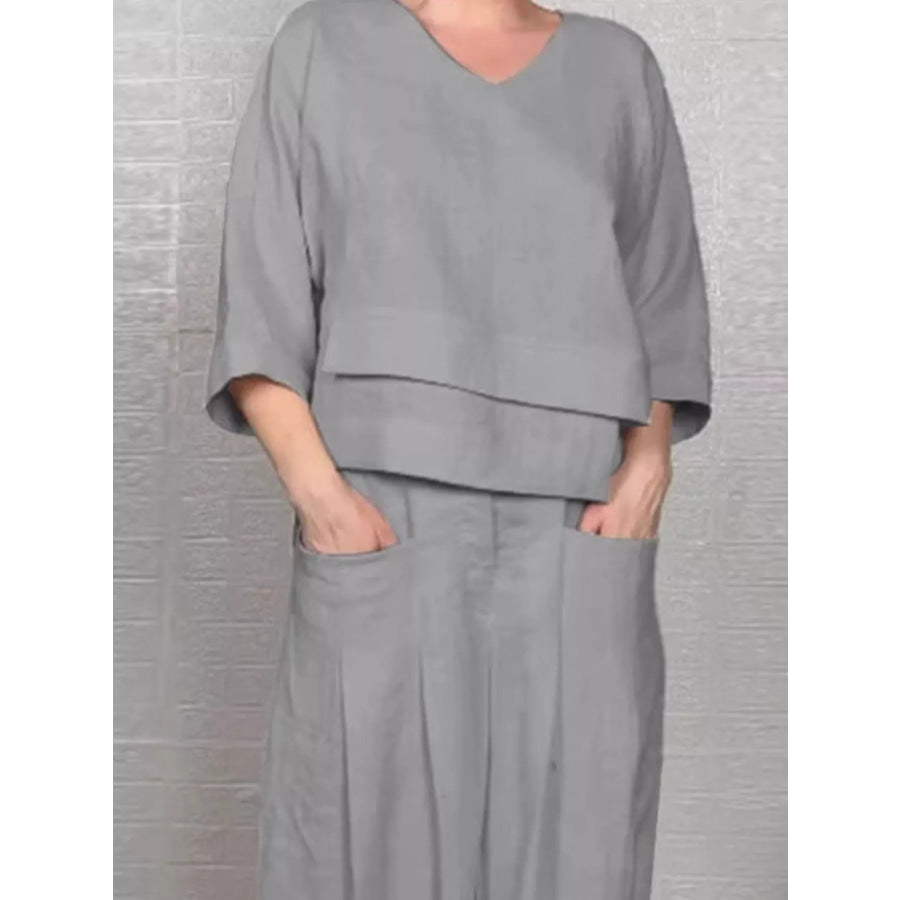 Full Size V-Neck Long Sleeve Top and Pants Set Plus Size Apparel and Accessories