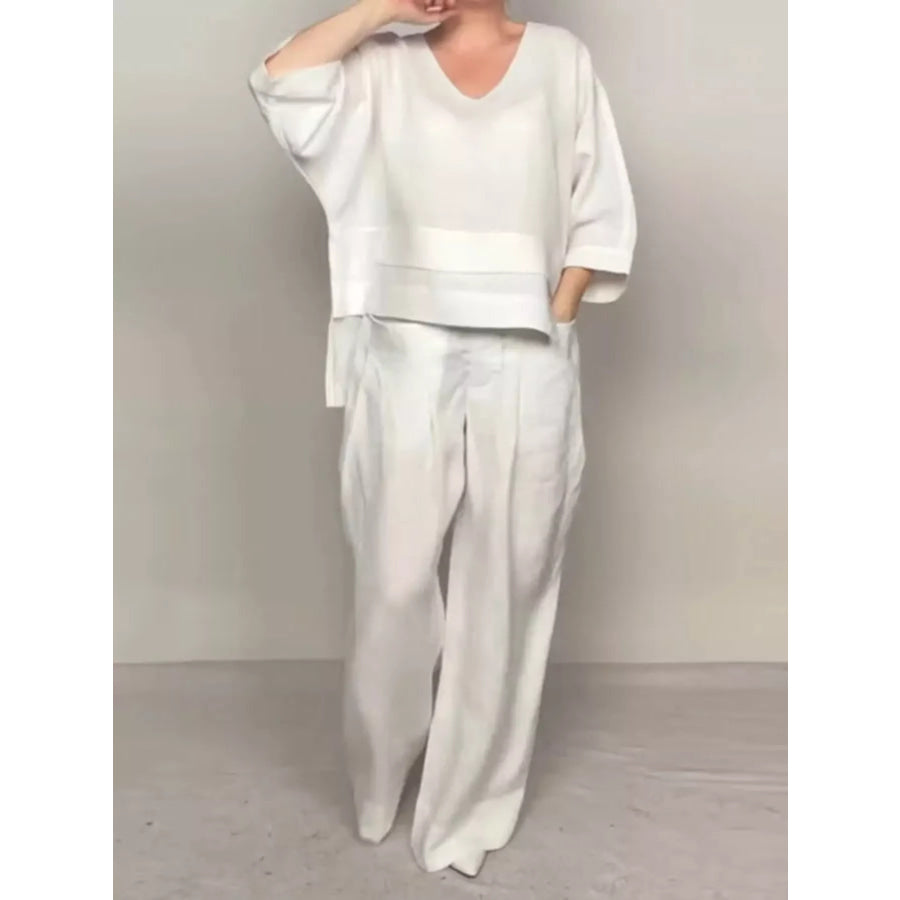 Full Size V-Neck Long Sleeve Top and Pants Set Plus Size Apparel and Accessories