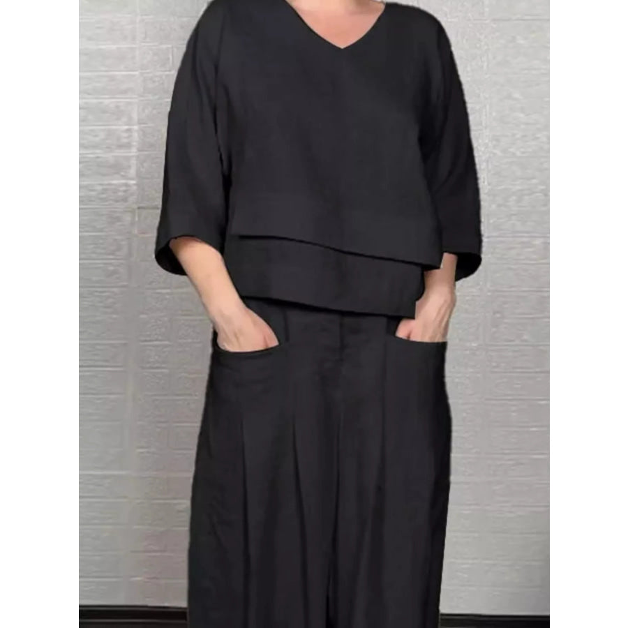 Full Size V-Neck Long Sleeve Top and Pants Set Plus Size Apparel and Accessories