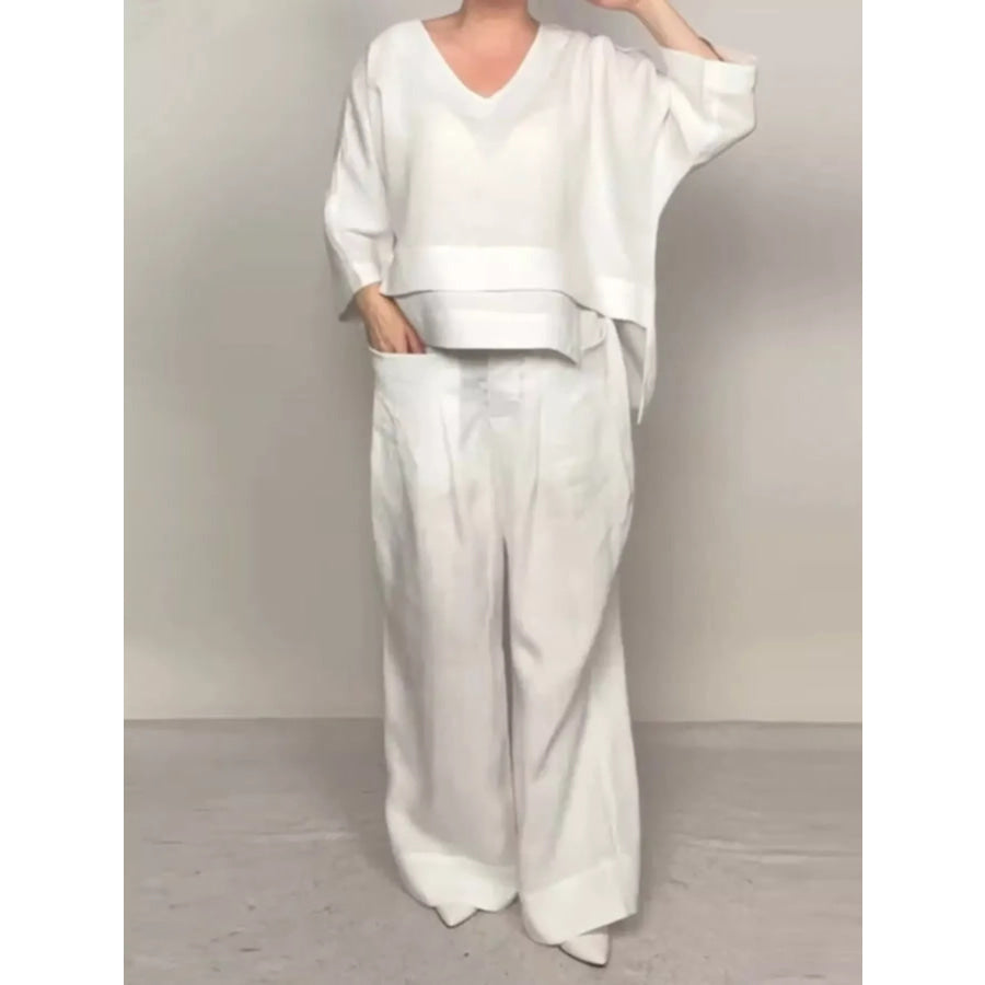 Full Size V-Neck Long Sleeve Top and Pants Set Plus Size White / S Apparel and Accessories