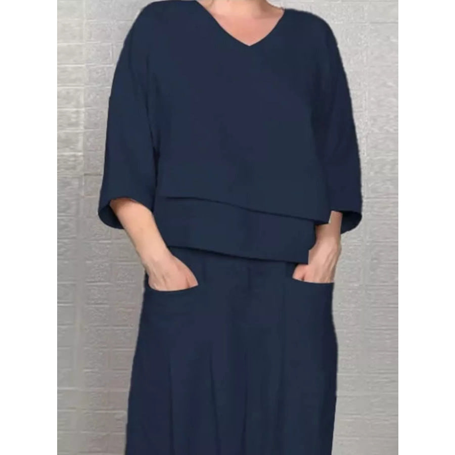 Full Size V-Neck Long Sleeve Top and Pants Set Plus Size Apparel and Accessories
