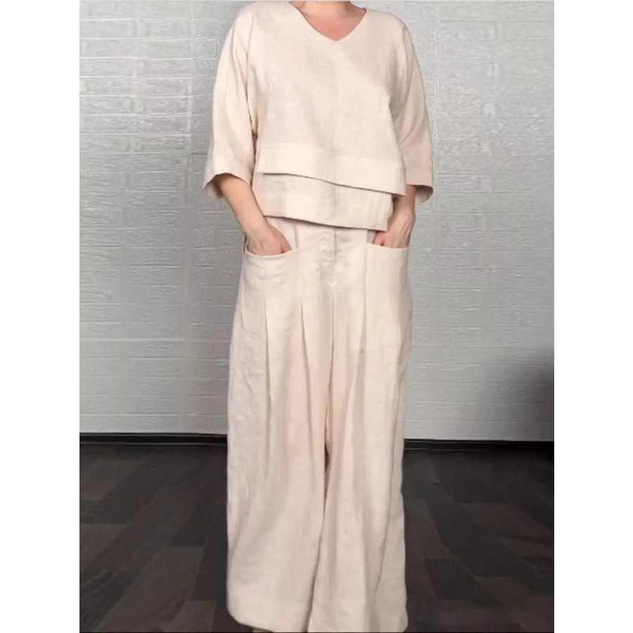 Full Size V-Neck Long Sleeve Top and Pants Set Plus Size Apricot / S Apparel and Accessories