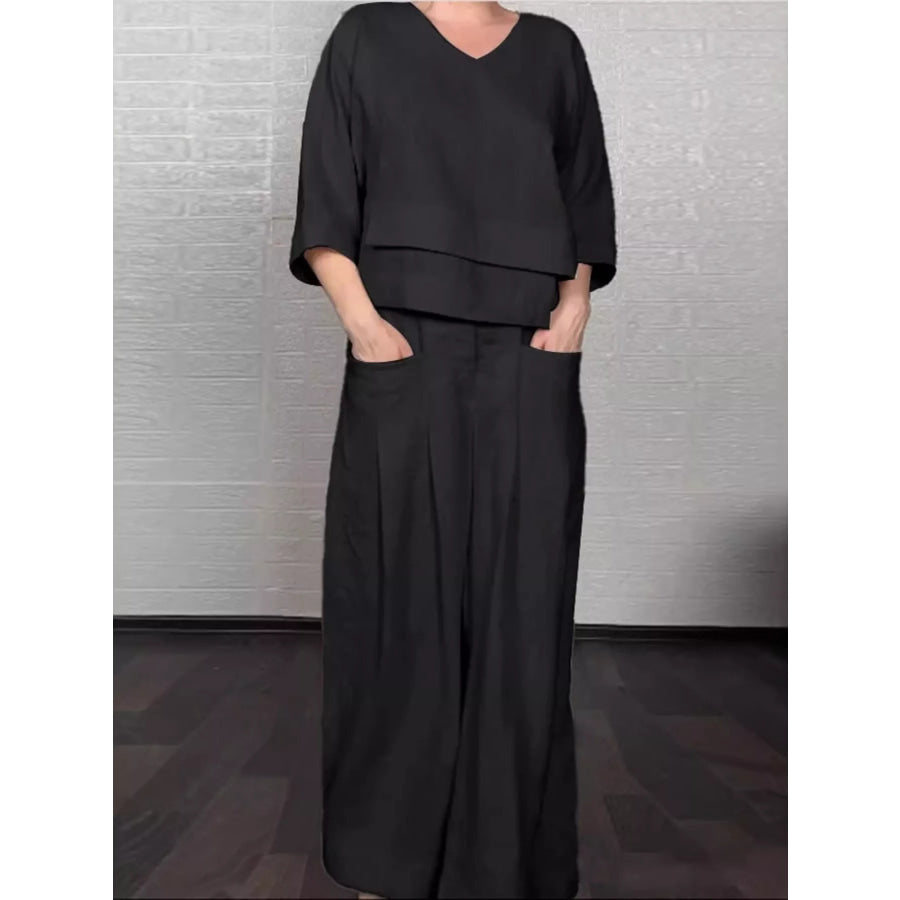 Full Size V-Neck Long Sleeve Top and Pants Set Plus Size Black / S Apparel and Accessories