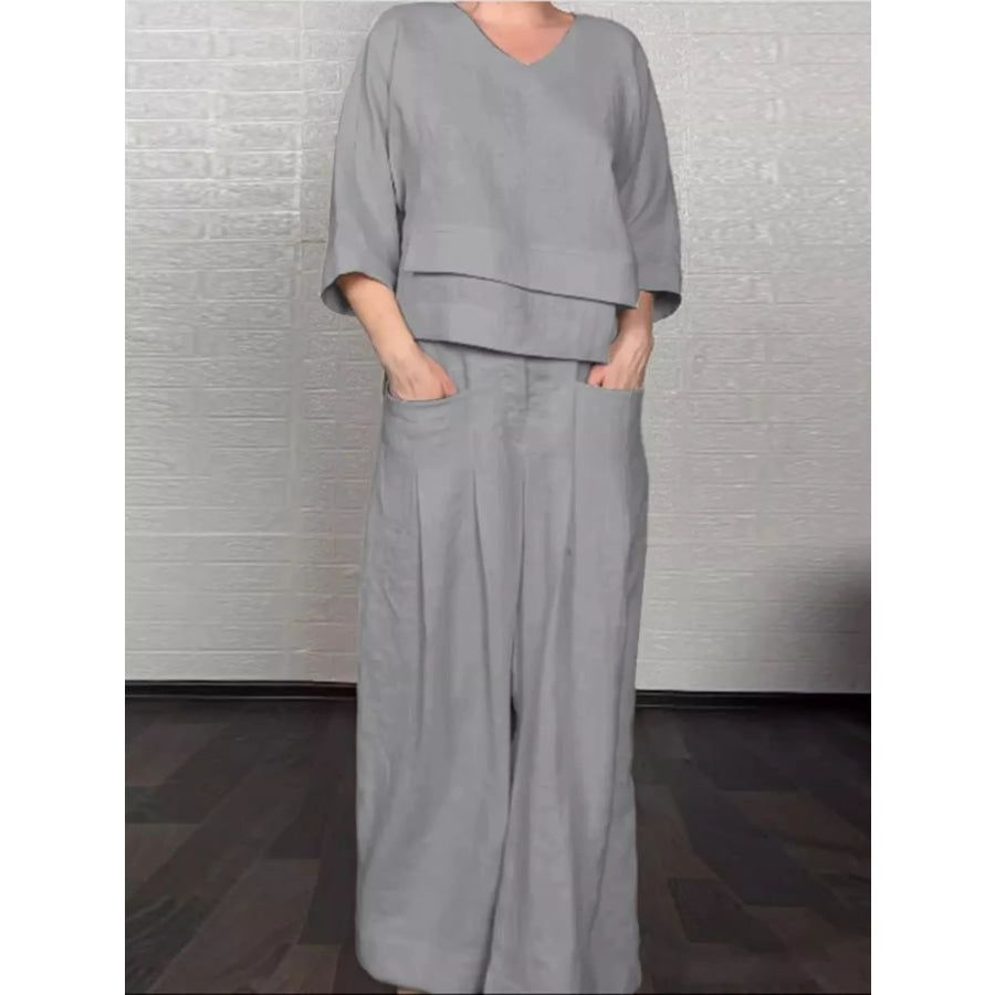 Full Size V-Neck Long Sleeve Top and Pants Set Plus Size Grey / S Apparel and Accessories