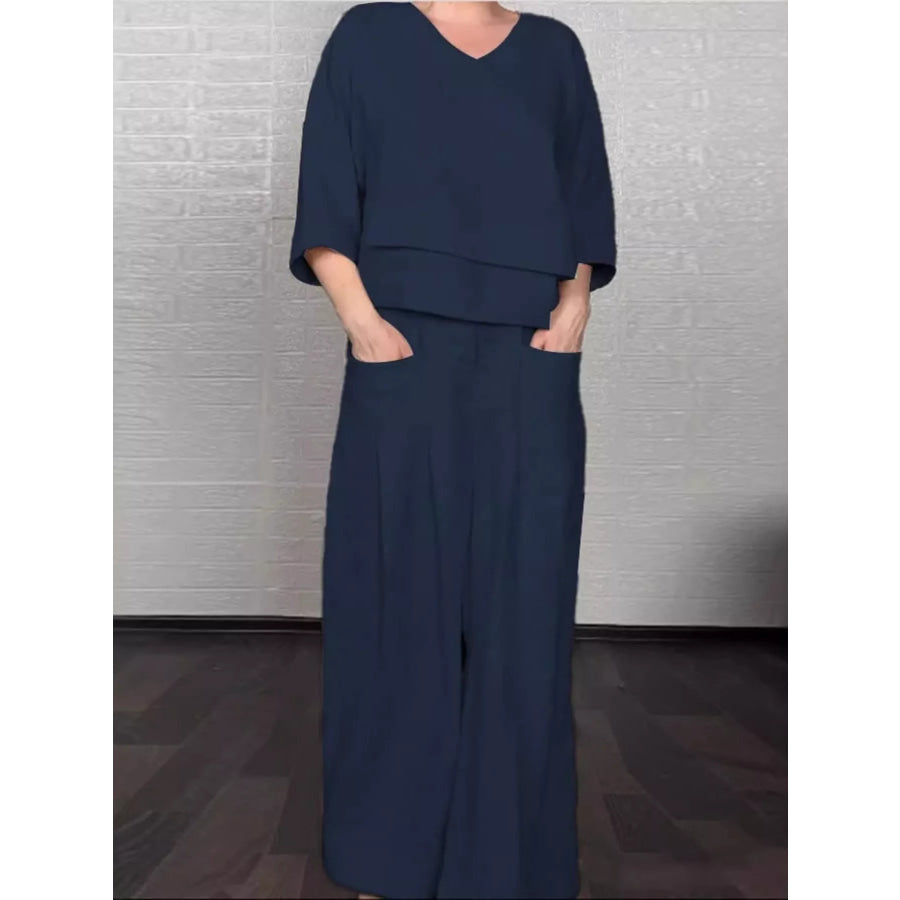 Full Size V-Neck Long Sleeve Top and Pants Set Plus Size Navy Blue / S Apparel and Accessories