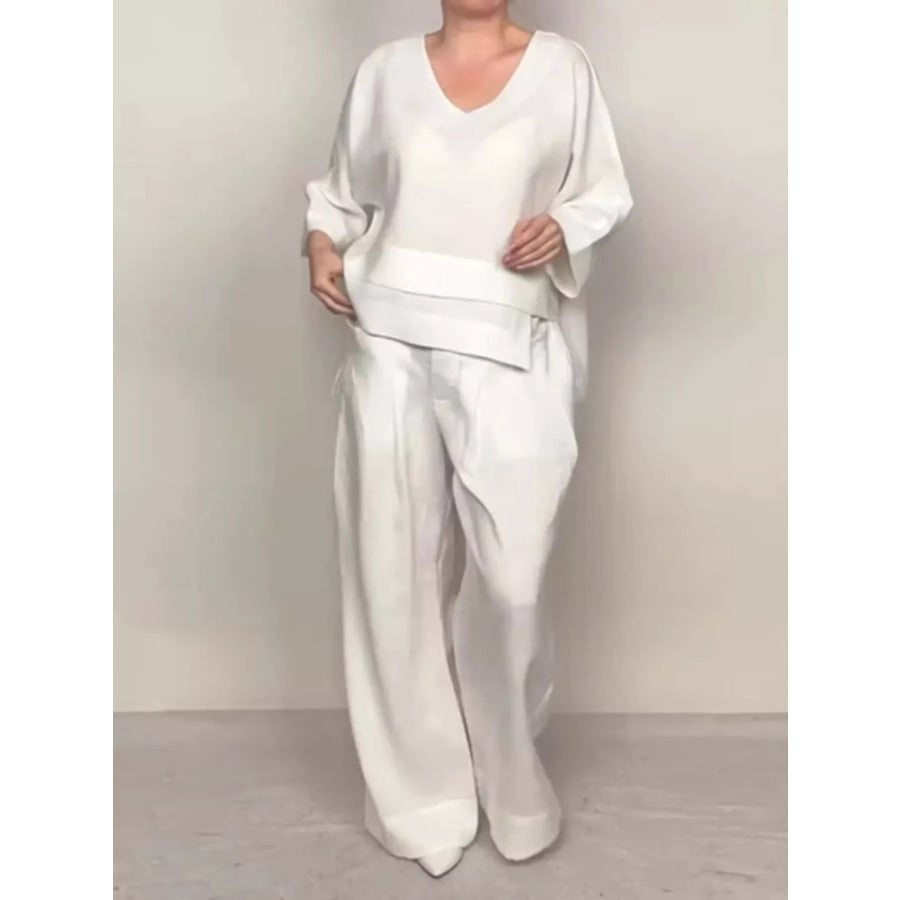 Full Size V-Neck Long Sleeve Top and Pants Set Plus Size White / S Apparel and Accessories