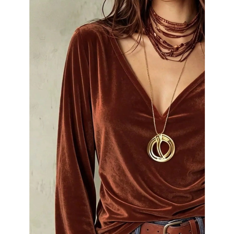 Full Size V-Neck Long Sleeve Velvet Blouse Plus Apparel and Accessories